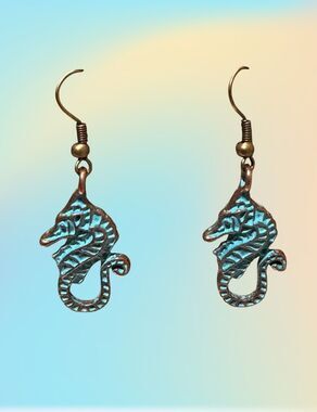 Patina Copper Seahorse Charm on Copper Earrings #2243